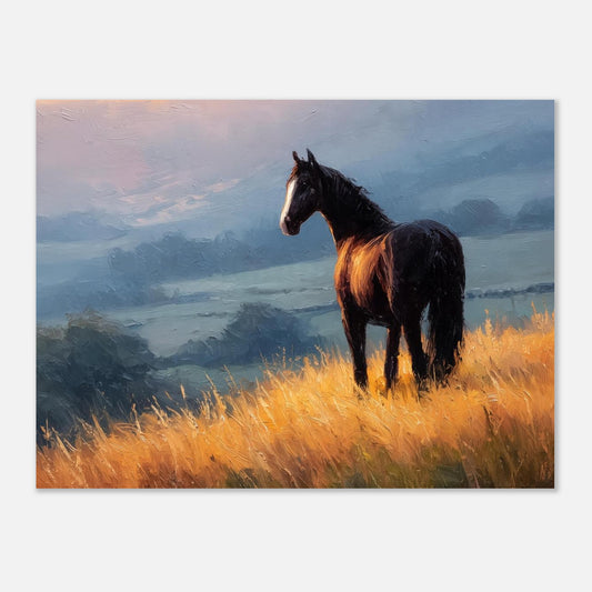 Horse Sunrise oil painting art print by Salt Air Gallery featuring impasto landscape with a horse, ideal for horse lovers.