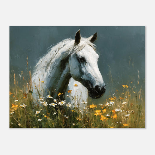 White horse oil painting art print in impasto style, featuring a grey horse, on high-quality print material by Salt Air Gallery.