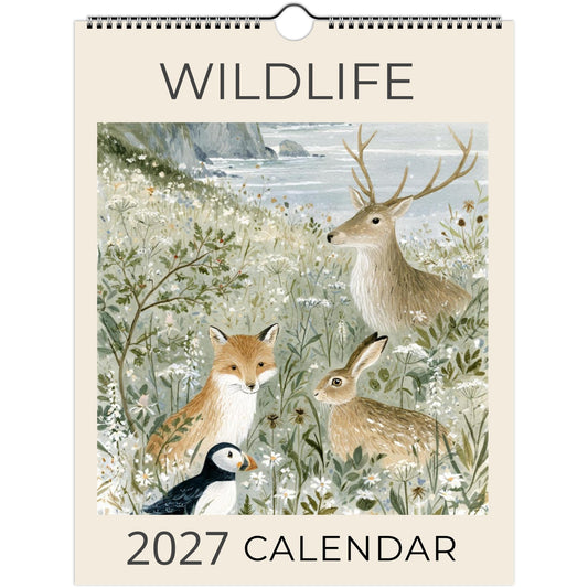 Wildlife Illustrated Wall Calendar 2027 by Salt Air Gallery featuring whimsical country wildlife illustrations, 8 x 11.5 inches print.