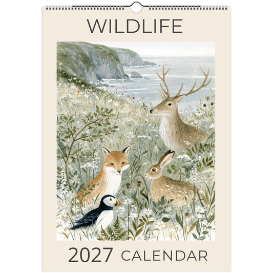 Wildlife Illustrated A3 Wall Calendar 2027 by Salt Air Gallery with animal illustrations and monthly planner pages on print material.
