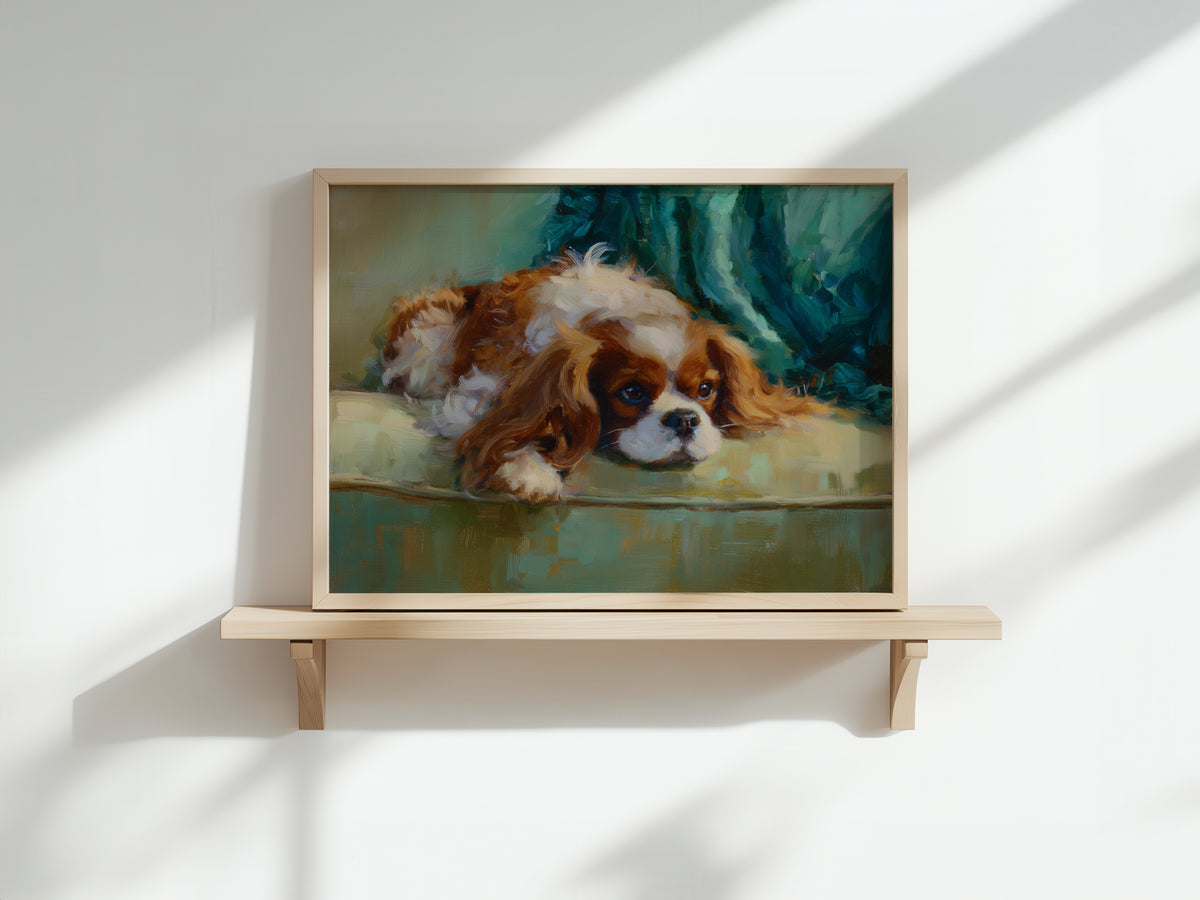 Vintage Blenheim Cavalier King Charles Spaniel Oil Painting Art Print - Victorian Dog Art