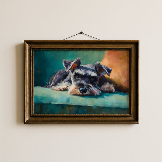 Vintage Miniature Schnauzer Dog Oil Painting Print, Landscape Dog Vintage Painting