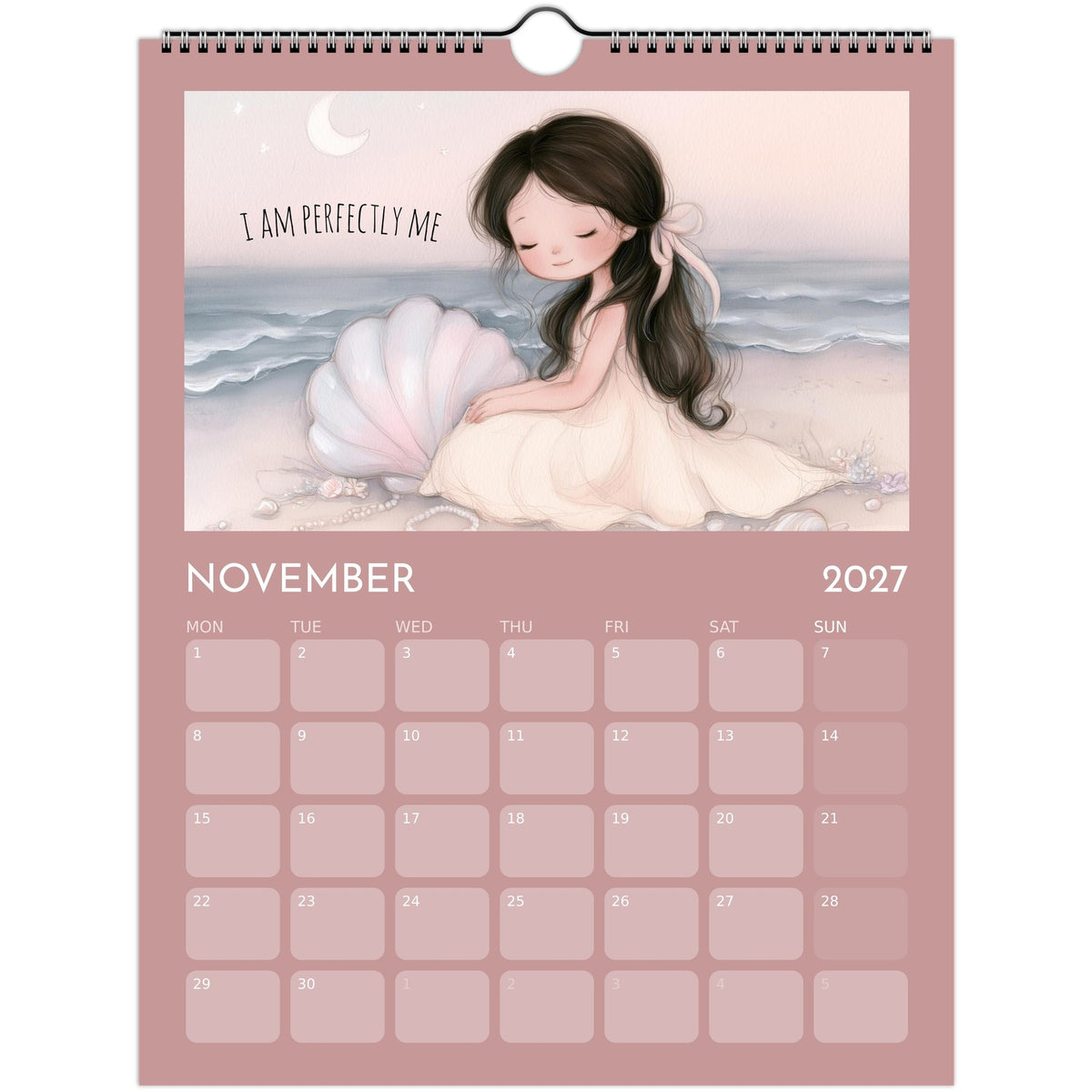 Whimsical Girl Positive Affirmations Wall Calendar 2027 print by Salt Air Gallery, featuring cheerful illustrations and inspiring quotes.