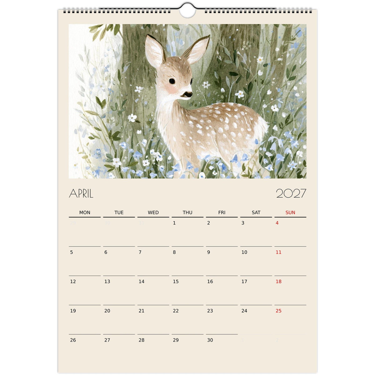 Wildlife Illustrated A3 Wall Calendar 2027 by Salt Air Gallery featuring animal illustrations and monthly planner pages on print material.