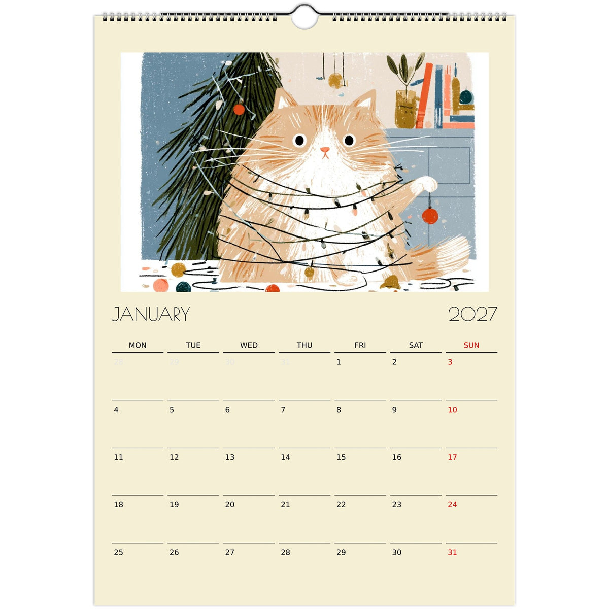 A print of Mischief & Moggies! funny cat illustrations on an A3 wall calendar by Salt Air Gallery, featuring playful cat artwork.