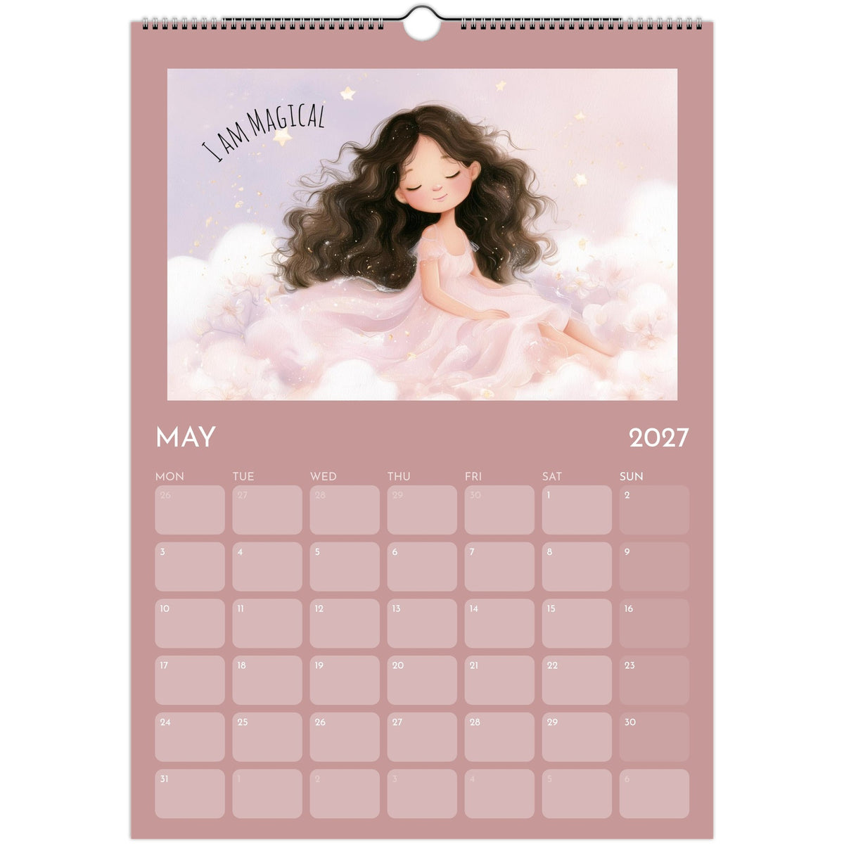 Girl positive affirmations on Salt Air Gallery A3 wall calendar 2027 print displaying motivational quotes and vibrant design.