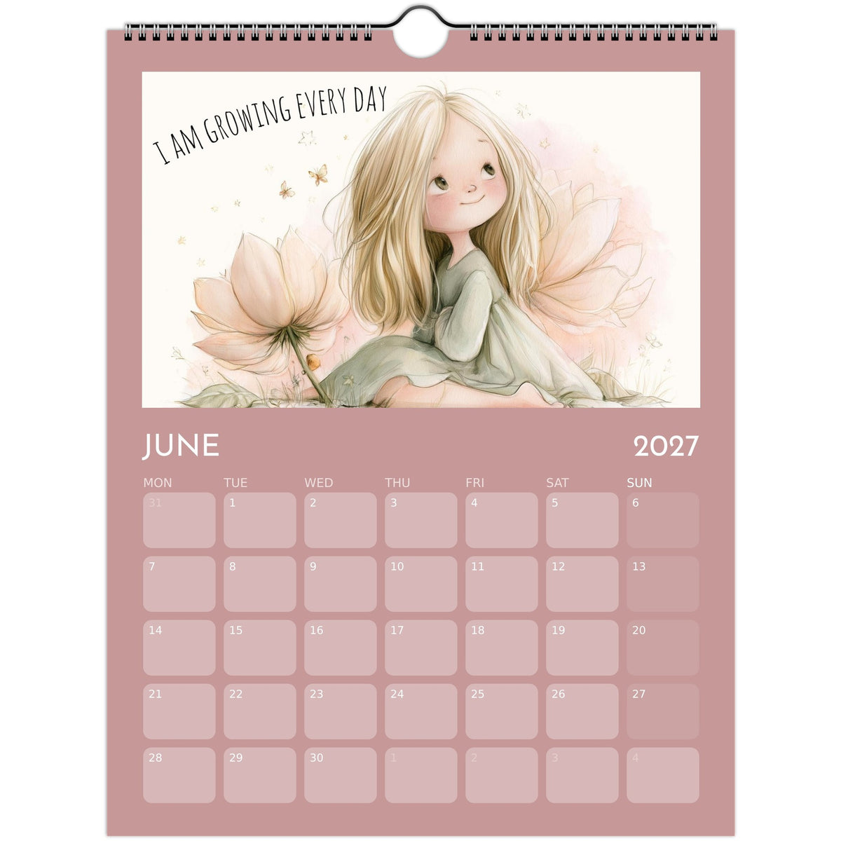 Whimsical girl positive affirmations wall calendar 2027 print by Salt Air Gallery featuring colorful illustrations on 8.5x11 paper.