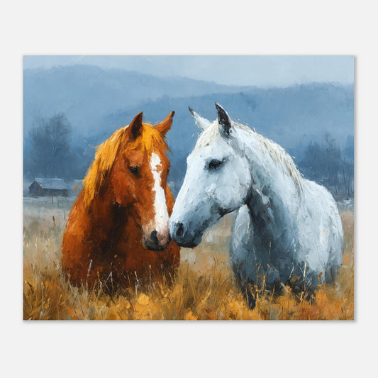 Horses oil painting art print featuring countryside scene in impasto style, mounted on print material by Salt Air Gallery.