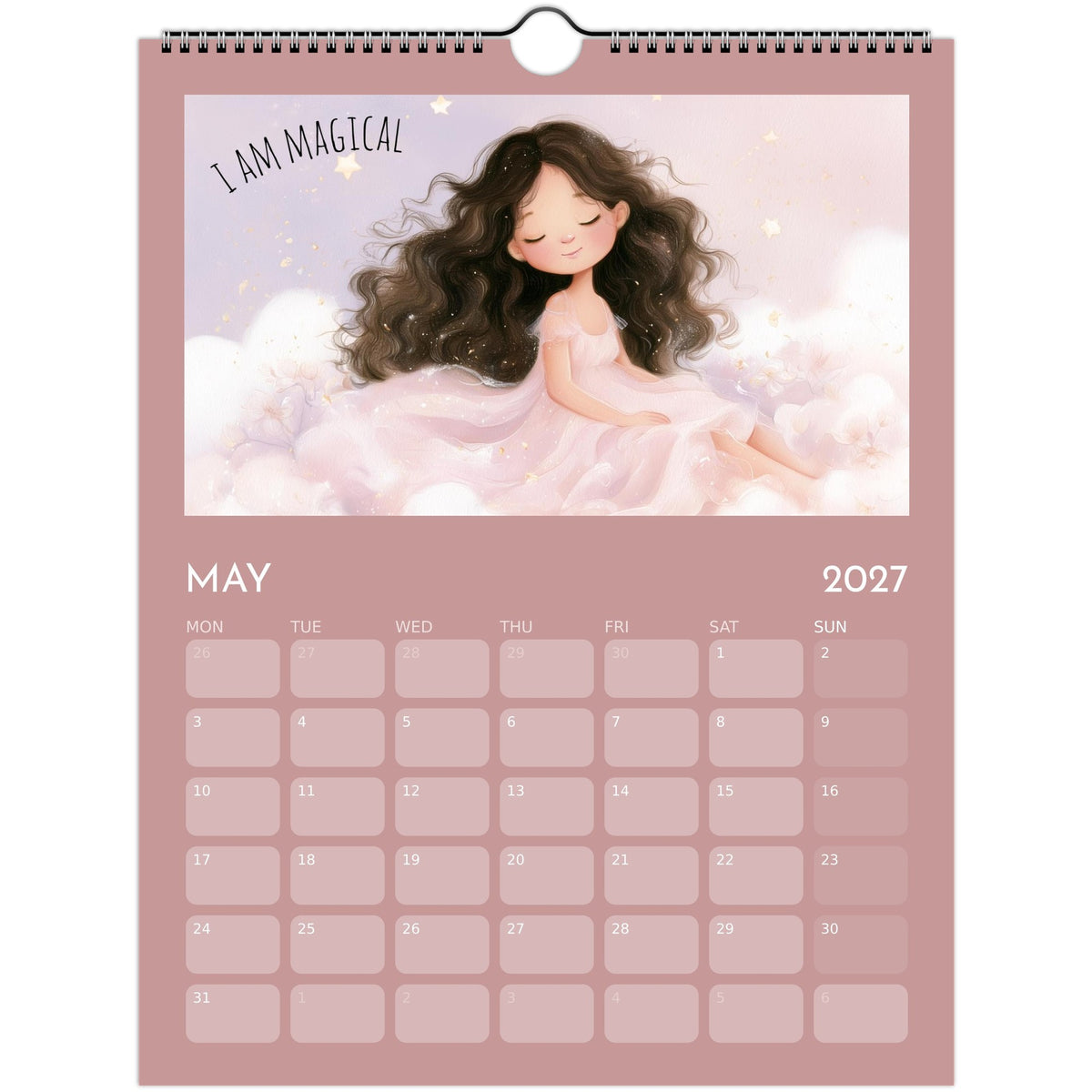 Whimsical Girl Positive Affirmations Wall Calendar 2027 print by Salt Air Gallery, featuring colorful illustrations and inspiring quotes.