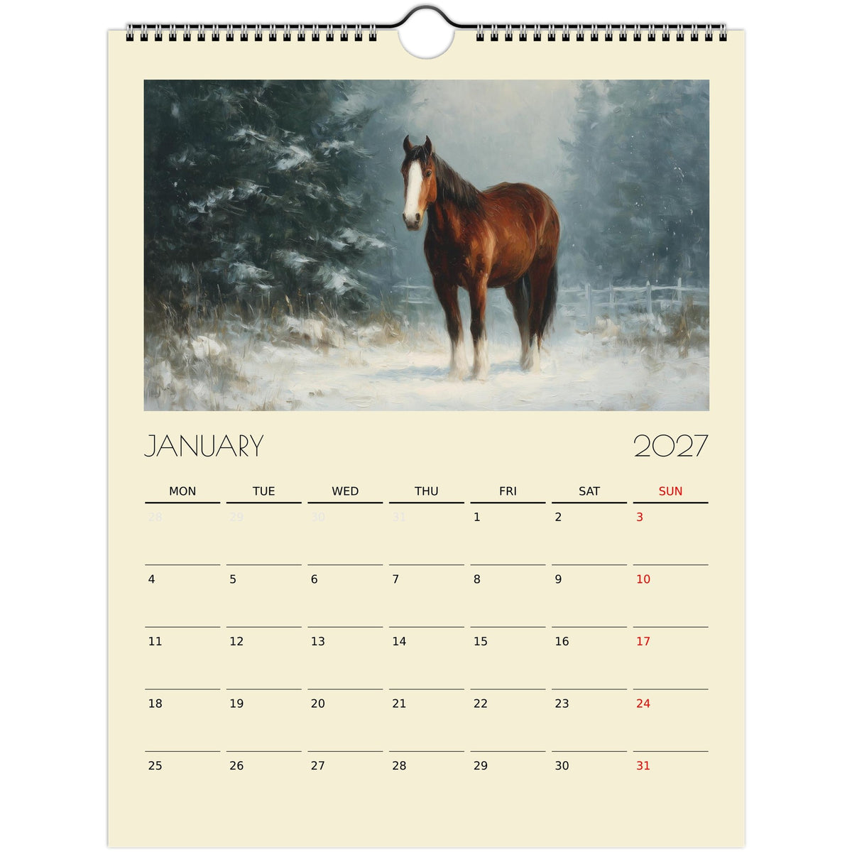 2027 Horse Art Calendar print by Salt Air Gallery featuring elegant equestrian horse illustrations for US and Canada.