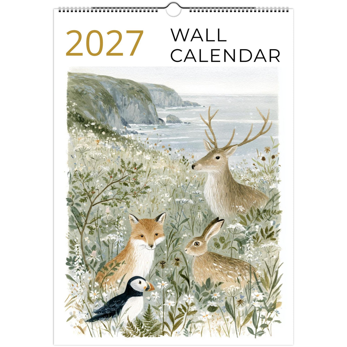 A monthly wall planner featuring vintage style illustrations of wildlife in countryside scenes