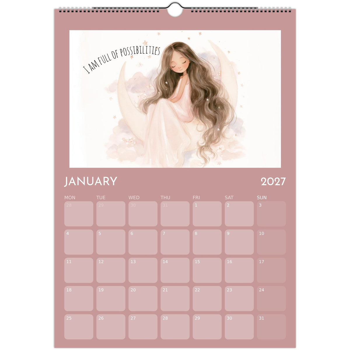 Girl positive affirmations on Salt Air Gallery A3 wall calendar for 2027, featuring colorful prints and motivational messages.