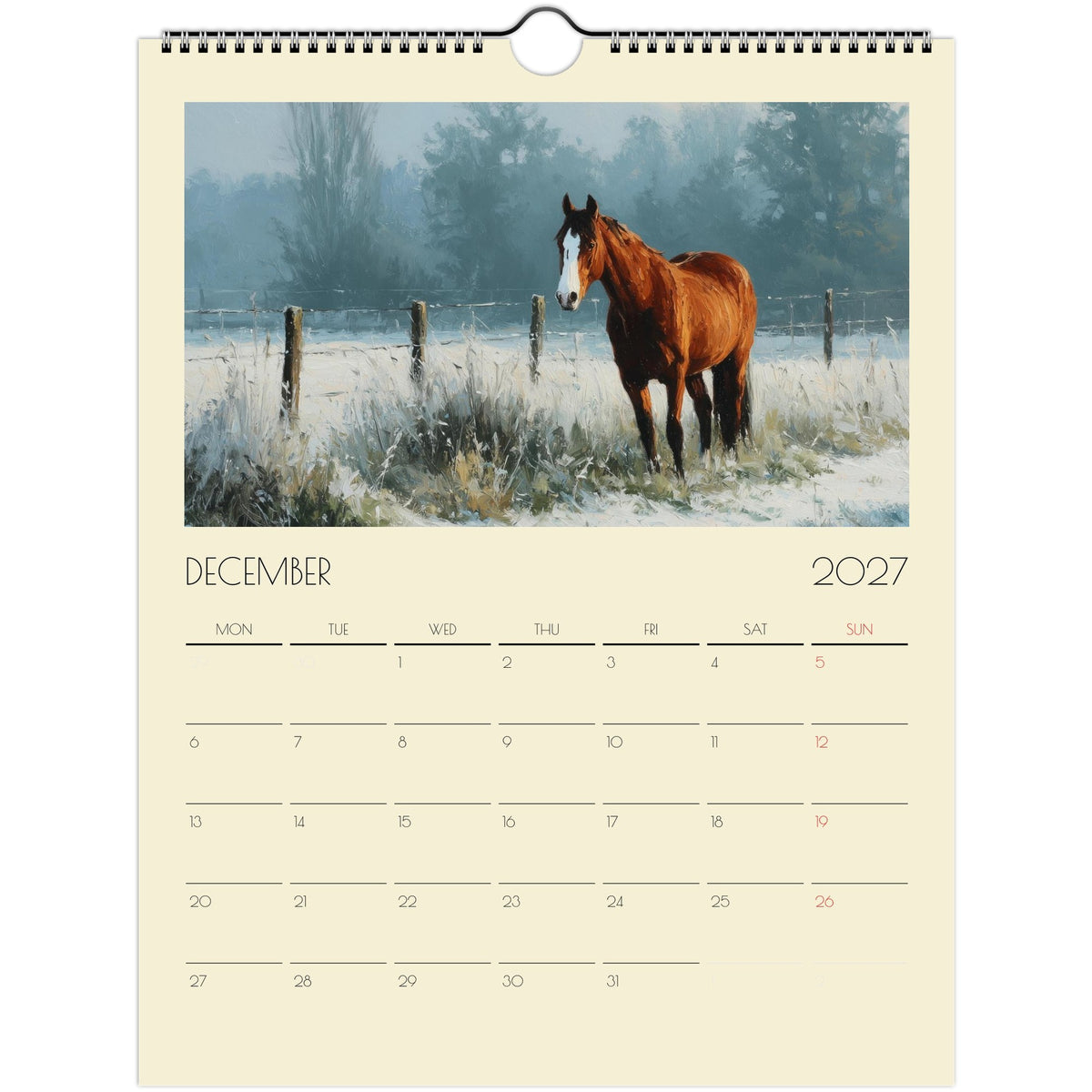 2027 Horse Art Calendar print by Salt Air Gallery featuring equestrian artwork for US and Canada, suitable for framing or display.
