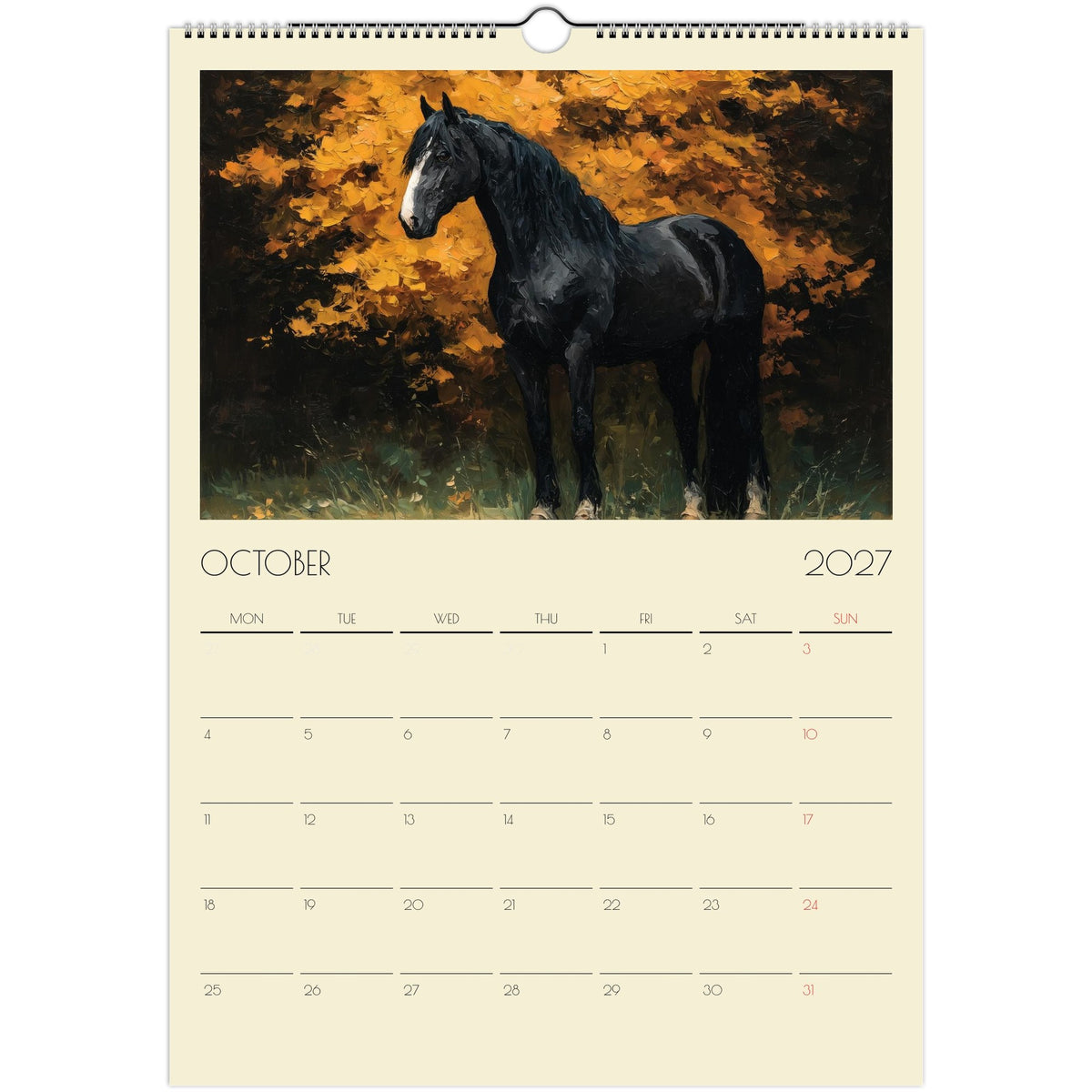 2027 Horse Art Calendar UK by Salt Air Gallery featuring impasto style horse artwork on A3 print material.