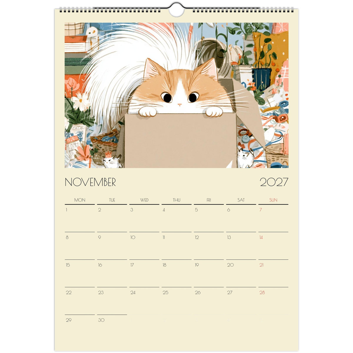 A print of Mischief & Moggies! funny cat illustrations on an A3 wall calendar by Salt Air Gallery featuring playful feline artwork.