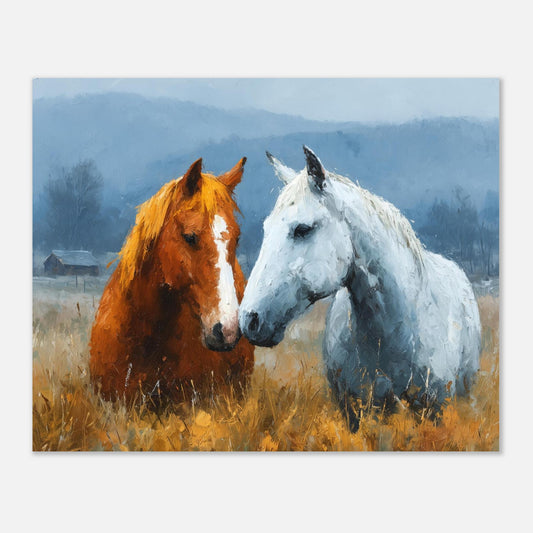 Horses oil painting art print by Salt Air Gallery featuring countryside scene in impasto style, mounted on print material.