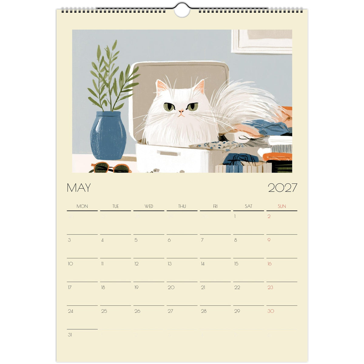 Print of Mischief & Moggies! funny cat illustrations on an A3 wall calendar by Salt Air Gallery, featuring playful cat artwork.