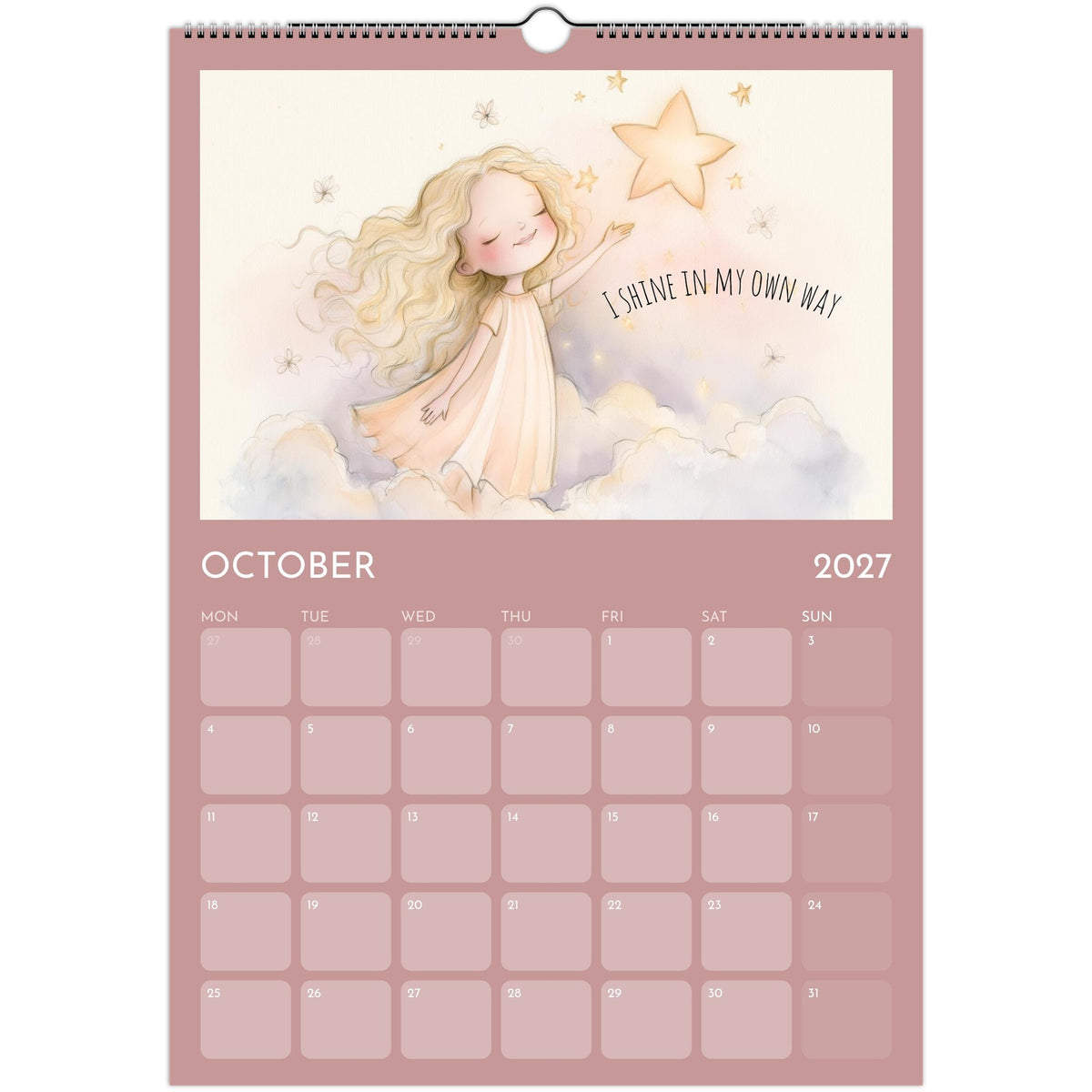 A3 wall calendar for girls with positive affirmations, featuring colorful designs and inspirational quotes, printed by Salt Air Gallery.