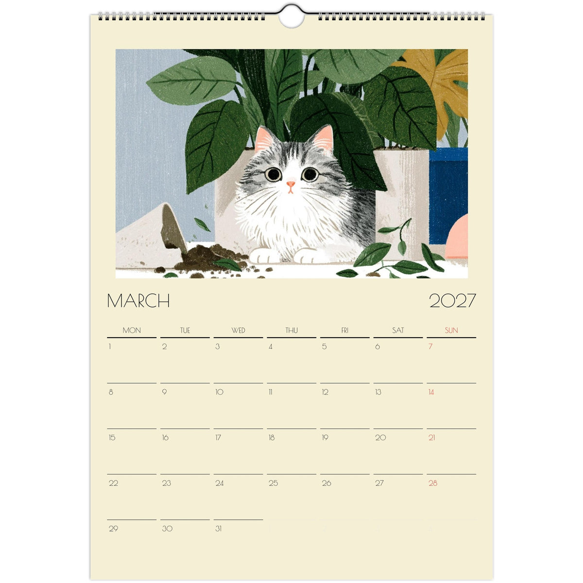 A print of Mischief & Moggies! funny cat illustrations from the Salt Air Gallery 2027 A3 wall calendar on high-quality paper.