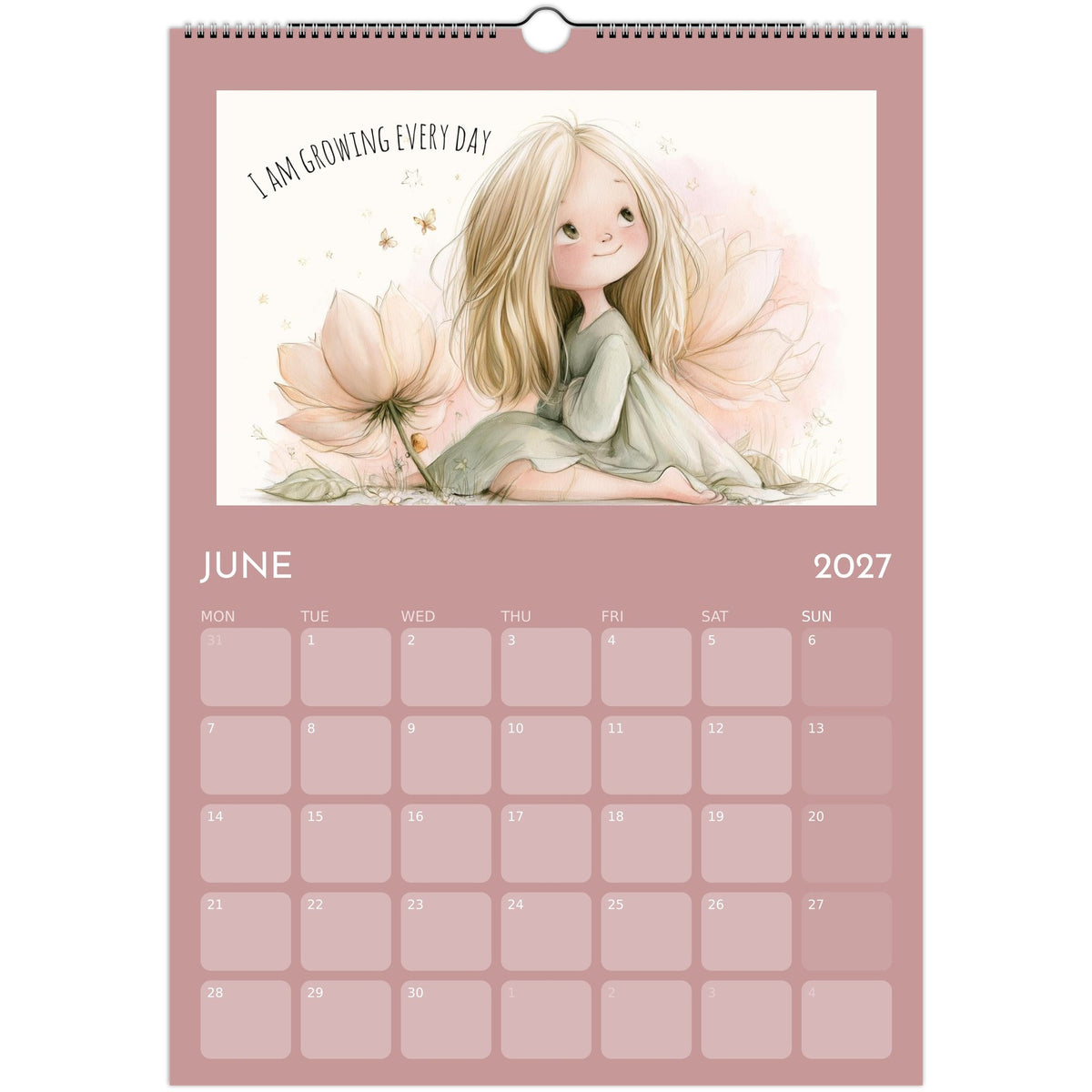 A3 wall calendar featuring girl positive affirmations print by Salt Air Gallery for 2027 UK, with colorful motivational designs.