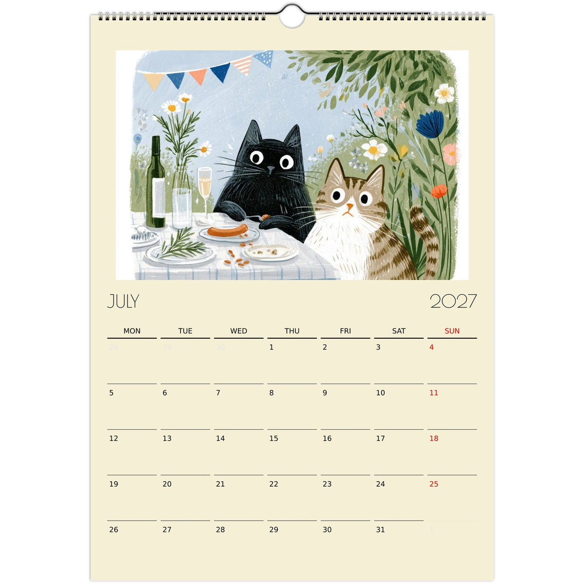 A print of Mischief & Moggies! funny cat illustrations on an A3 wall calendar by Salt Air Gallery, featuring playful cat artwork.