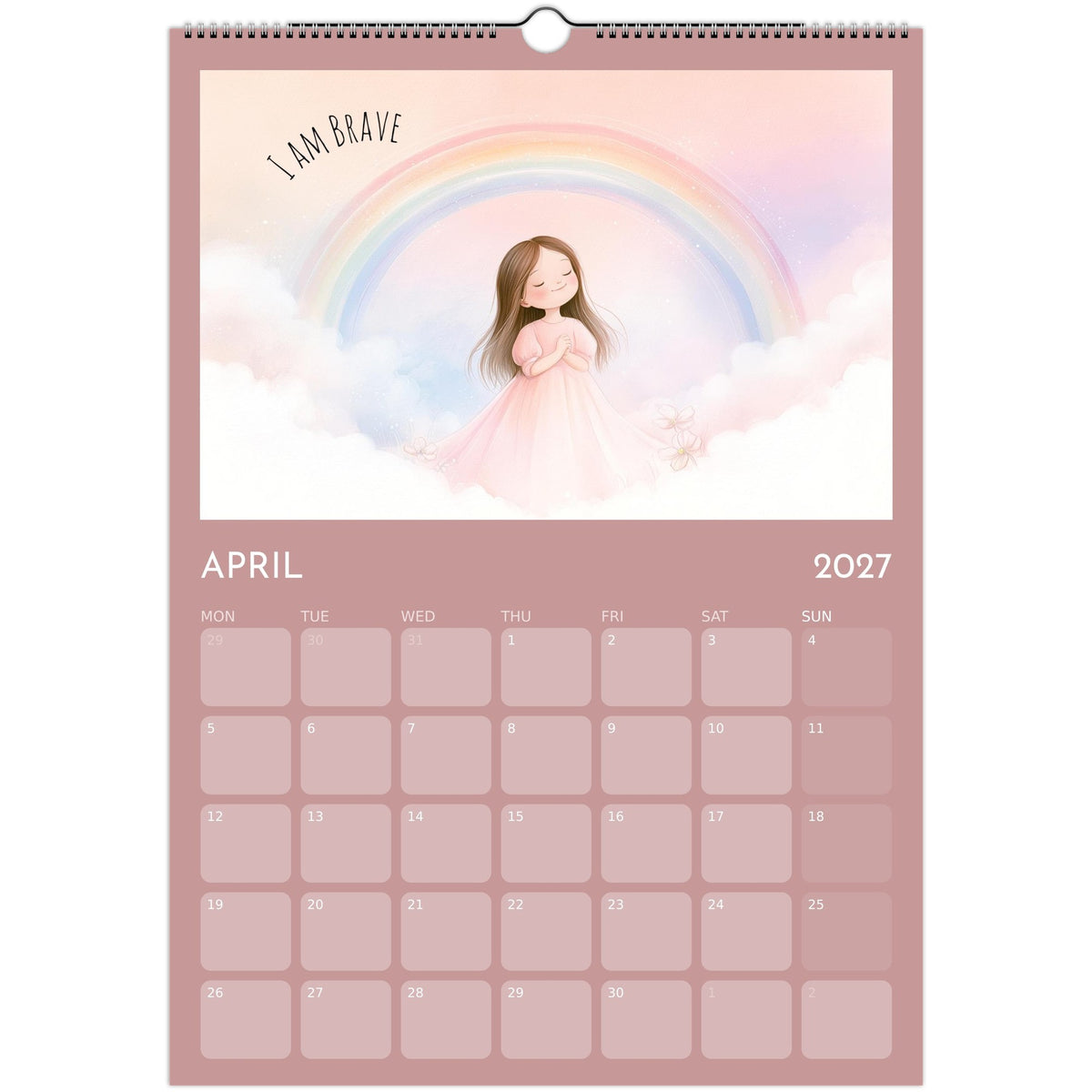 A3 wall calendar featuring girl positive affirmations with colorful designs, printed on high-quality paper by Salt Air Gallery.