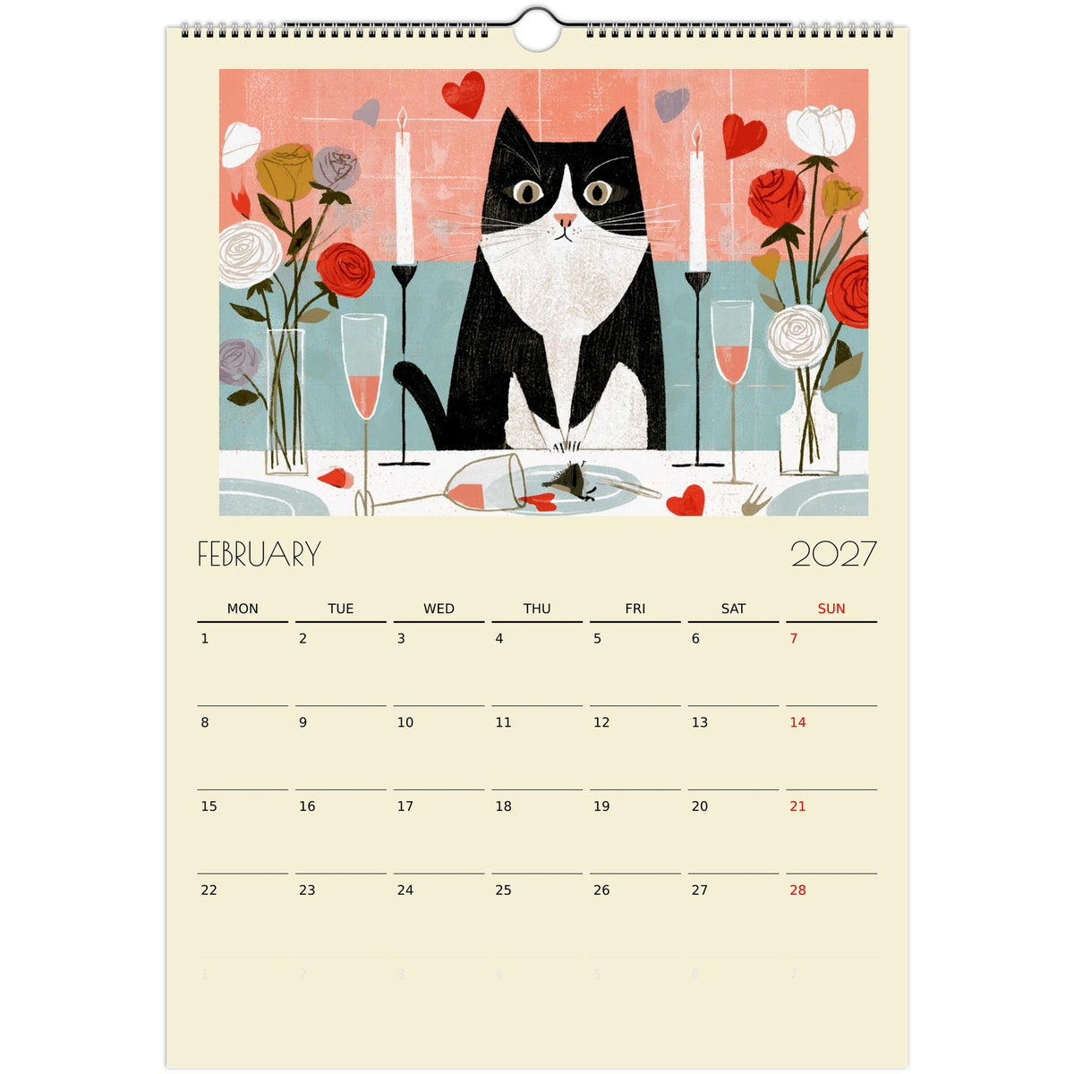 A print of Mischief & Moggies! funny cat illustrations on an A3 wall calendar by Salt Air Gallery, showcasing playful cat artwork.