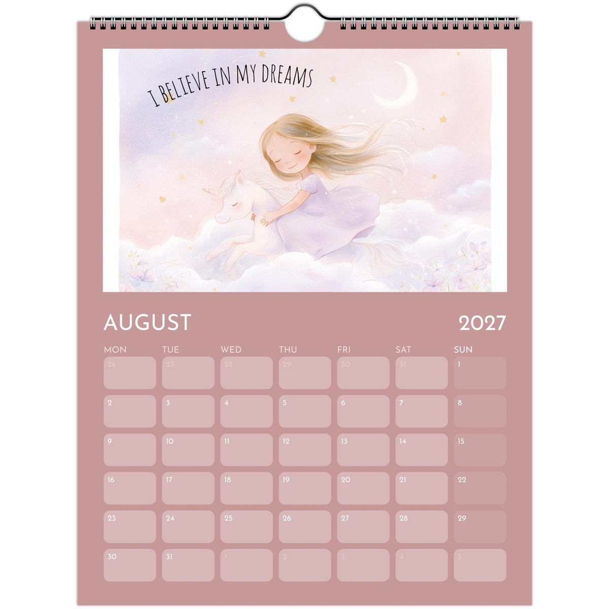 Whimsical girl positive affirmations wall calendar 2027 print by Salt Air Gallery, featuring colorful illustrations on 8.5x11 inch paper.