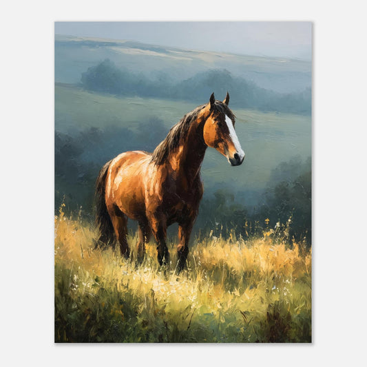 Salt Air Gallery bay horse oil painting wall art print featuring a peaceful countryside landscape scene.