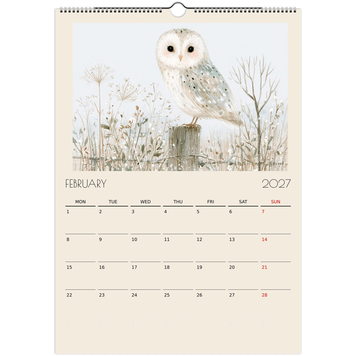 Wildlife Illustrated A3 Wall Calendar 2027 featuring animals in nature, printed on high-quality material by Salt Air Gallery.