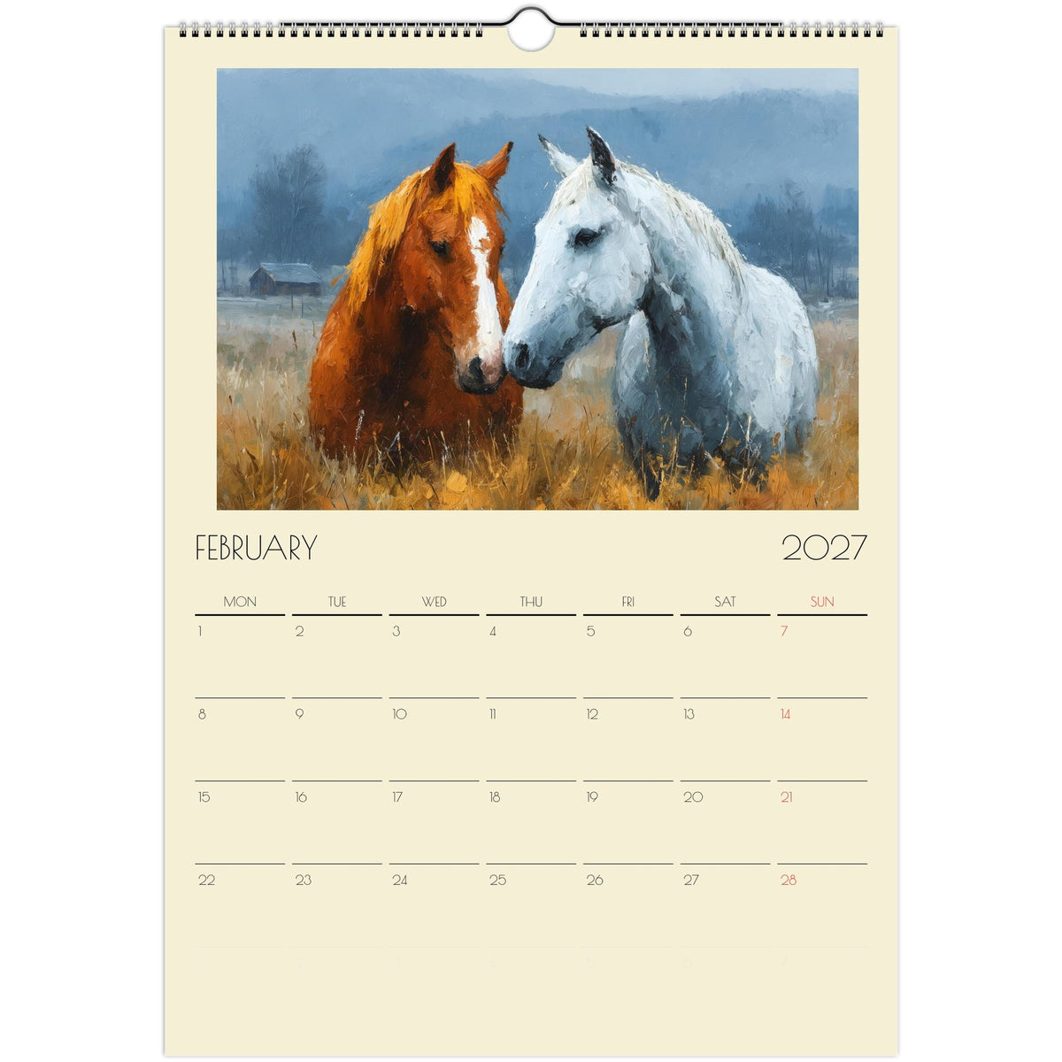 A3 print of 2027 Horse Art Calendar UK featuring impasto-style horse artwork, displayed on a white background.