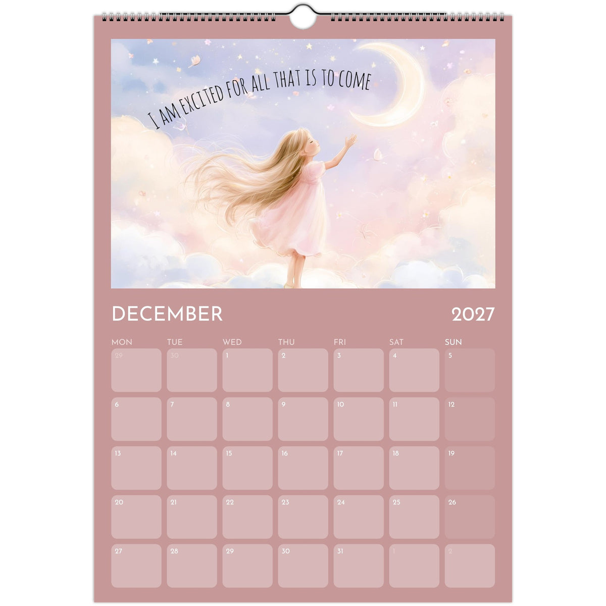 Girl positive affirmations A3 wall calendar 2027 print by Salt Air Gallery featuring uplifting messages on colorful pages.