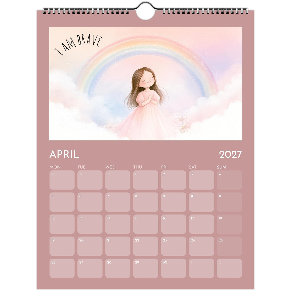 Whimsical girl positive affirmations wall calendar 2027 print by Salt Air Gallery, featuring colorful artwork and motivational quotes.
