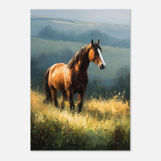 Salt Air Gallery bay horse oil painting wall art print featuring a countryside landscape with a majestic horse and natural scenery.