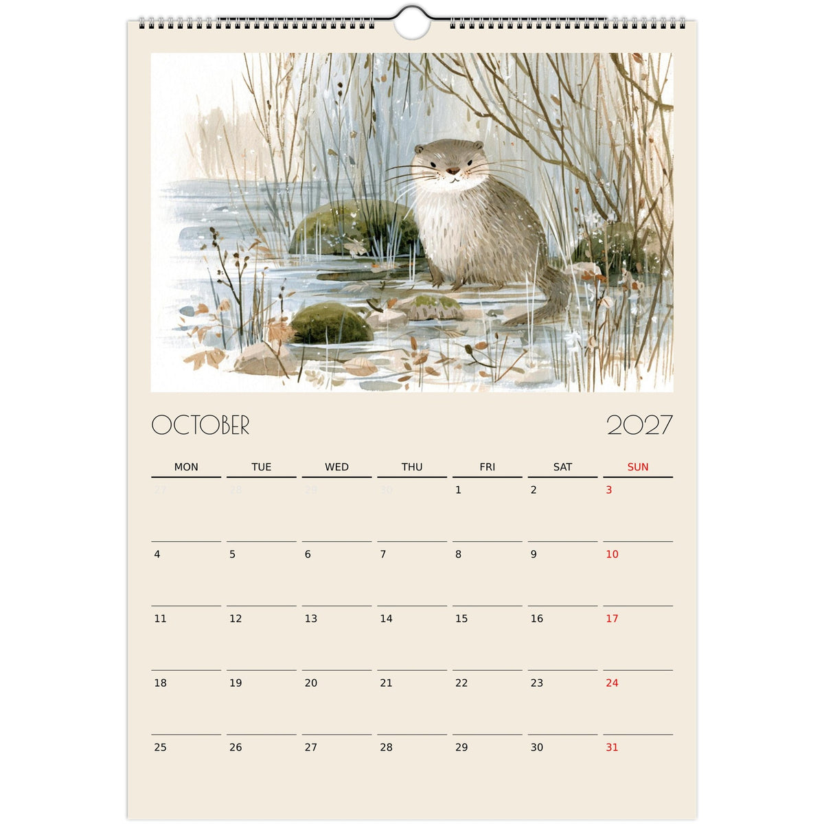 Wildlife Illustrated A3 Wall Calendar 2027 featuring animals in nature, print material, by Salt Air Gallery.