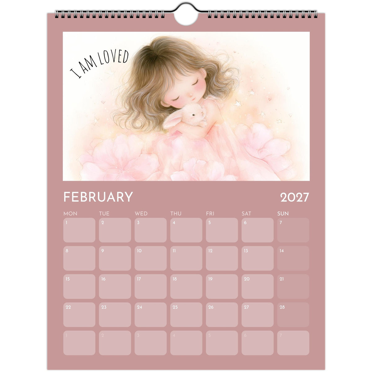Whimsical girl positive affirmations wall calendar 2027 printed on high-quality paper by Salt Air Gallery, featuring colorful illustrations.