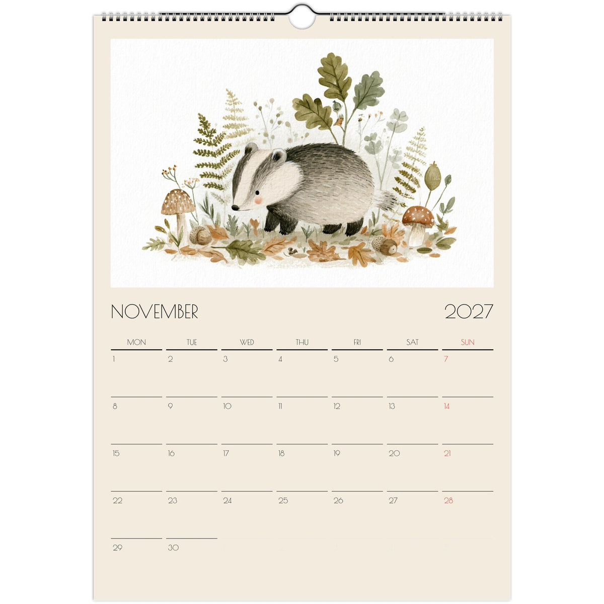 Wildlife Illustrated A3 Wall Calendar 2027 by Salt Air Gallery featuring animals in nature with monthly planner pages.