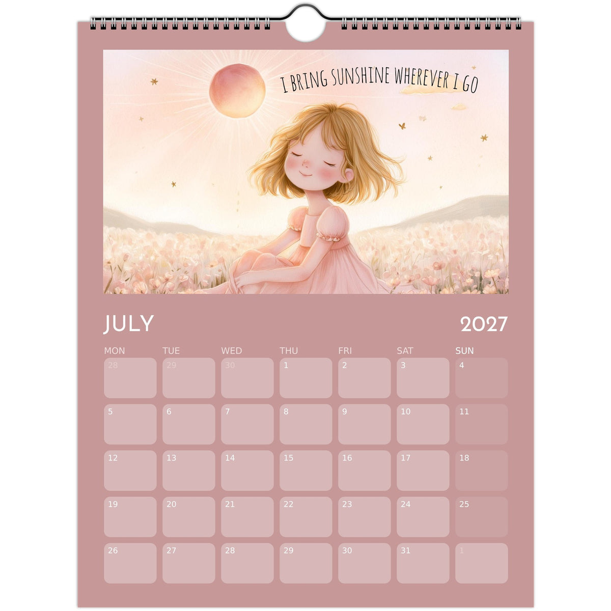 Whimsical Girl Positive Affirmations Wall Calendar 2027 print from Salt Air Gallery showing colorful illustration and motivational quotes.