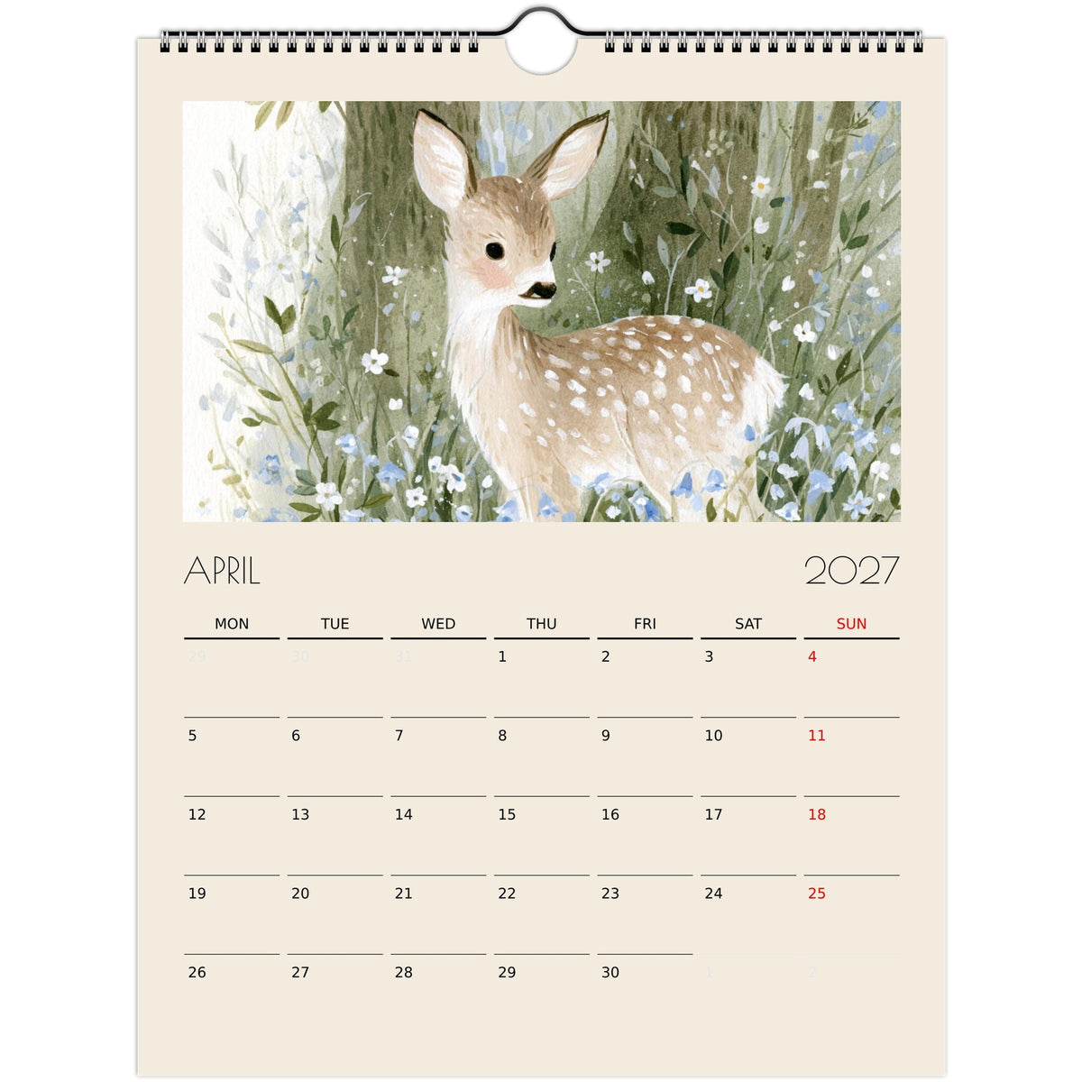 Wildlife Illustrated Wall Calendar 2027 by Salt Air Gallery featuring whimsical country wildlife illustrations on printed pages.