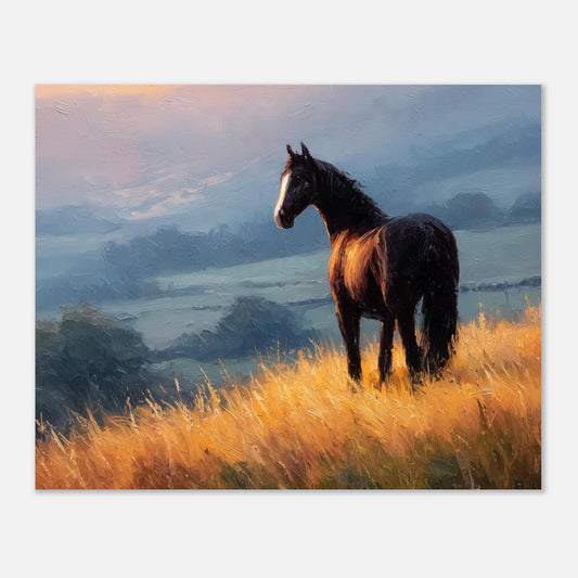 Horse Sunrise oil painting art print by Salt Air Gallery featuring impasto landscape with a horse, ideal for horse lovers.