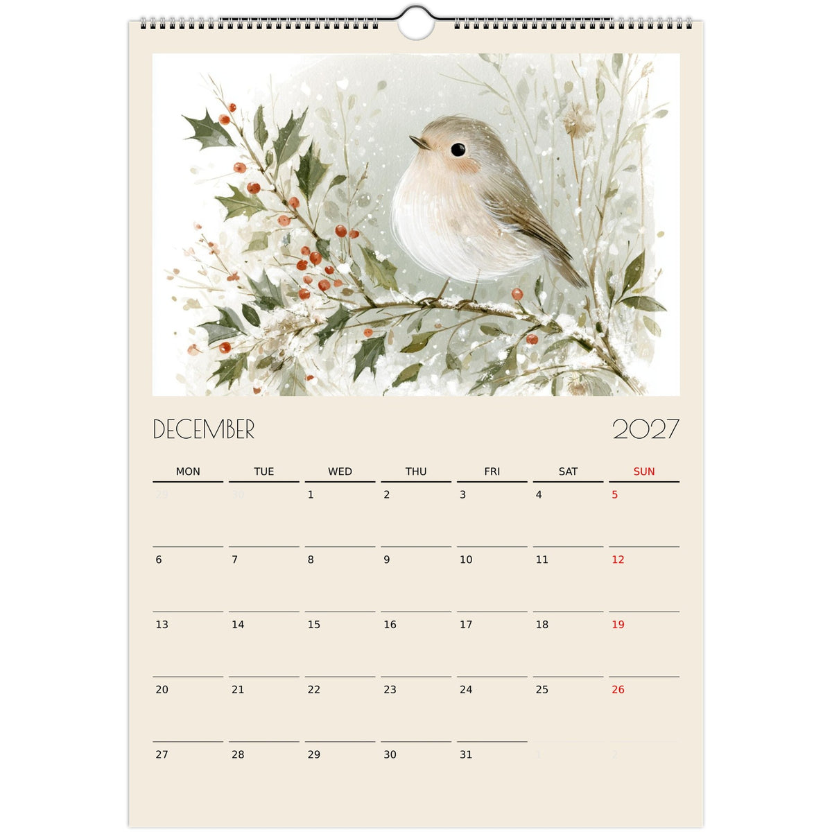 Wildlife Illustrated A3 Wall Calendar 2027 by Salt Air Gallery featuring animal illustrations and monthly planner pages.
