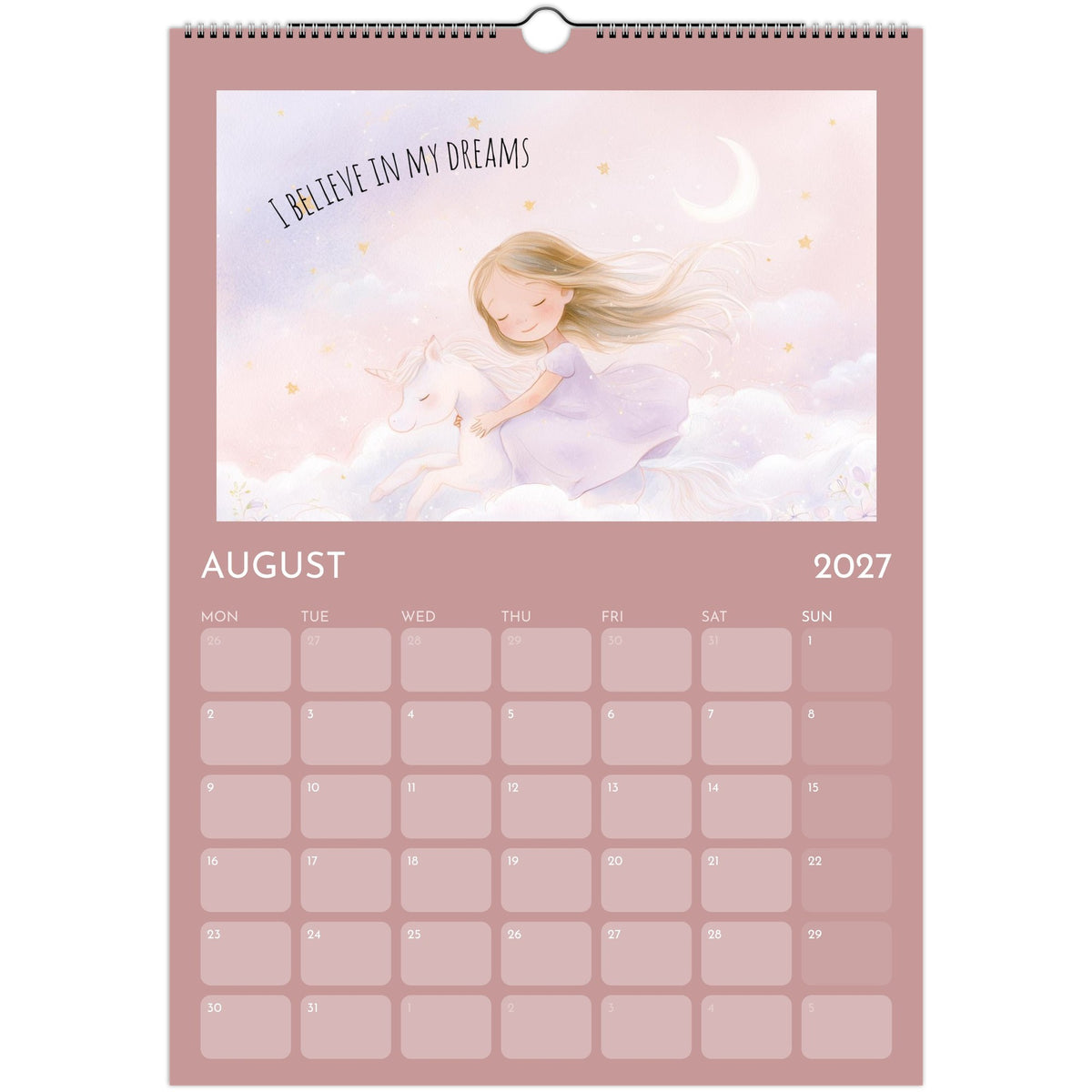 Girl positive affirmations A3 wall calendar 2027 print from Salt Air Gallery, featuring uplifting quotes and vibrant design.