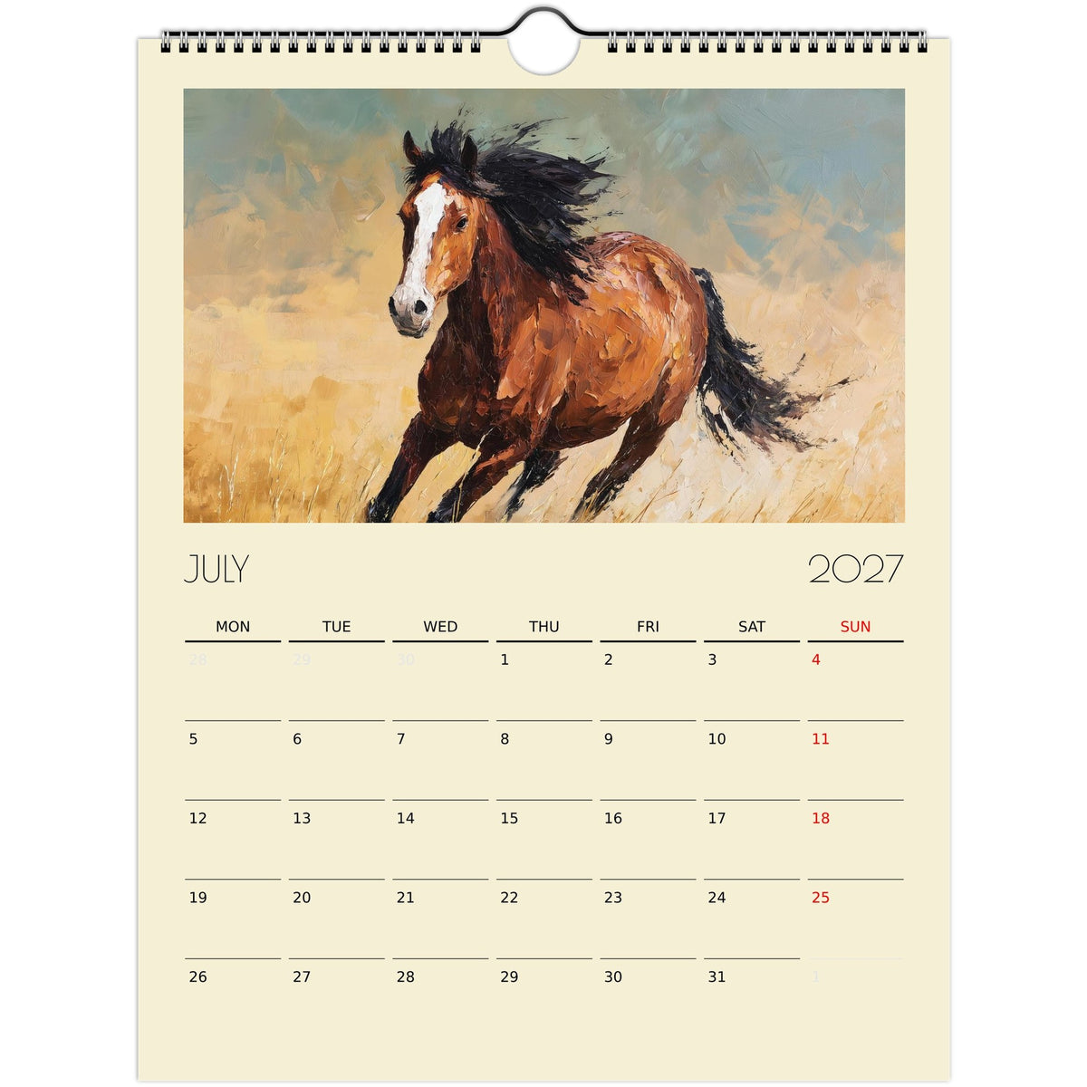 2027 Horse Art Calendar print by Salt Air Gallery featuring detailed equestrian horse illustrations for US and Canada.
