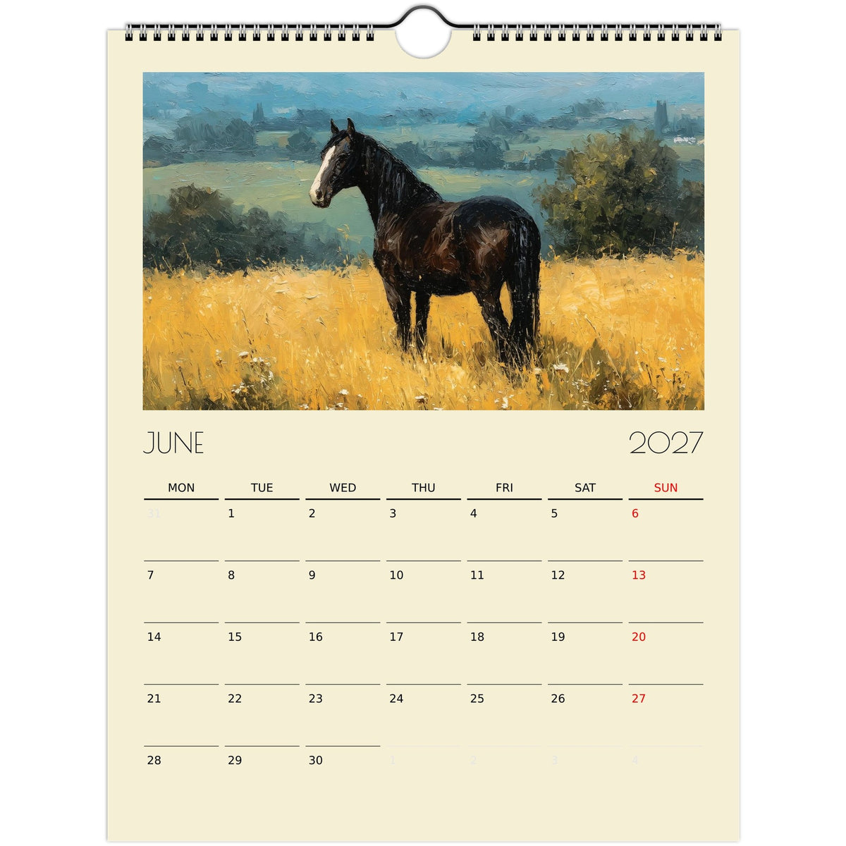Salt Air Gallery 2027 Horse Art Calendar print featuring detailed equestrian illustrations for US and Canada.