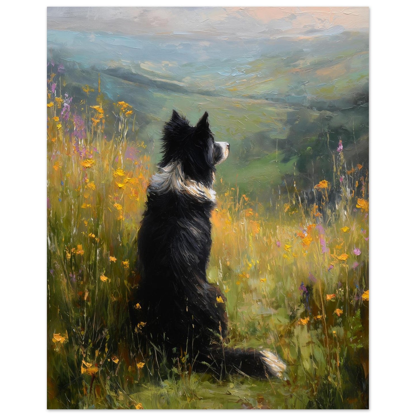 An impasto style art print of a border collie dog sat amongst colourful wild flowers in the countryside