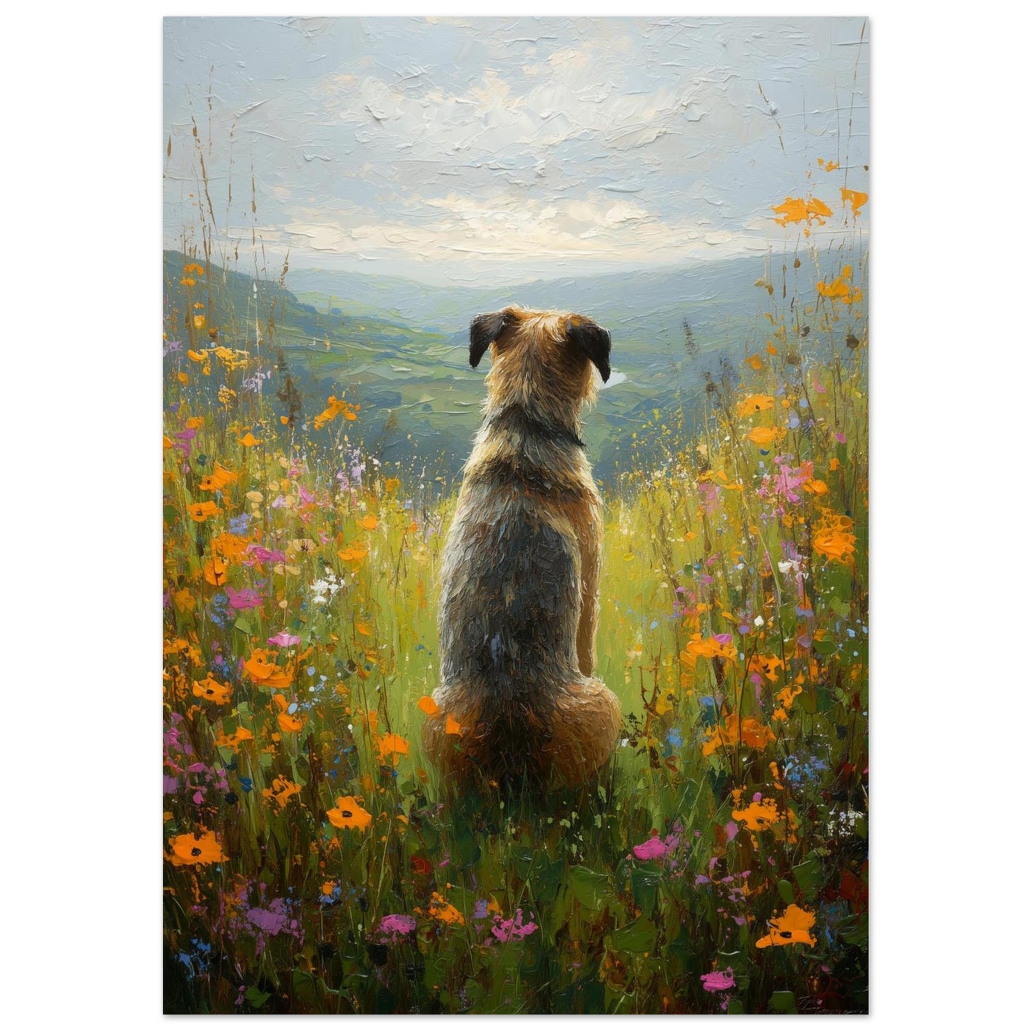 A colourful impasto style painting of a border terrier dog sat amongs wild flowers gazing over the valley