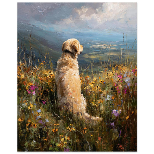 impasto style painting of a golden retriever sat amongs colourful wildflowers overlooking a valley