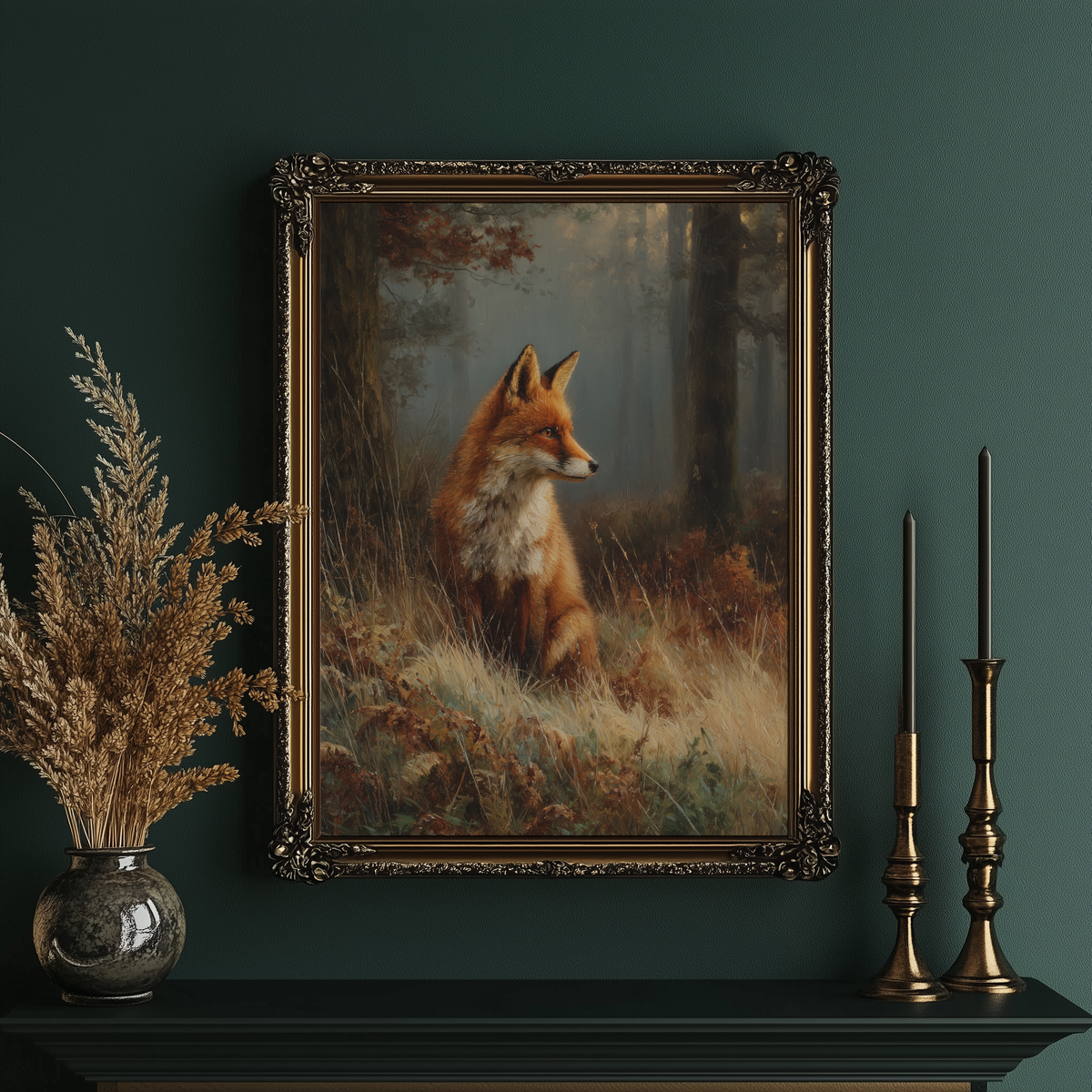 A framed vintage-style painting of a red fox sitting in a grassy forest clearing, displayed on a dark mantel against a deep teal wall. The ornate gold frame is flanked by a vase of dried grass on the left and two black candlesticks on the right.