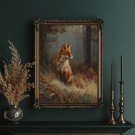 A framed vintage-style painting of a red fox sitting in a grassy forest clearing, displayed on a dark mantel against a deep teal wall. The ornate gold frame is flanked by a vase of dried grass on the left and two black candlesticks on the right.
