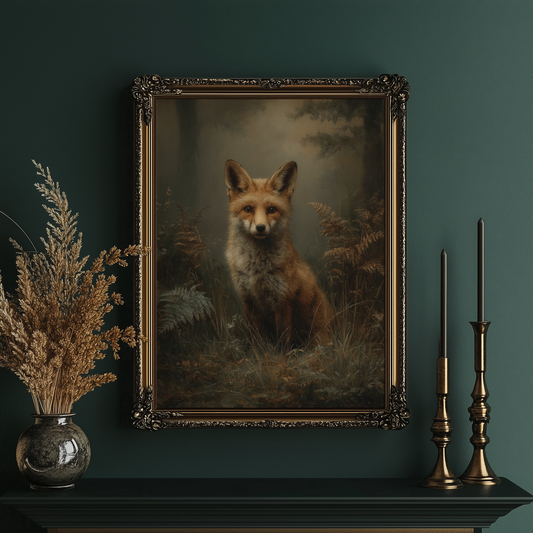 A framed portrait painting of a red fox in a dark forest, displayed on a dark mantelpiece against a deep teal wall, flanked by a vase of dried grass and two brass candlesticks.